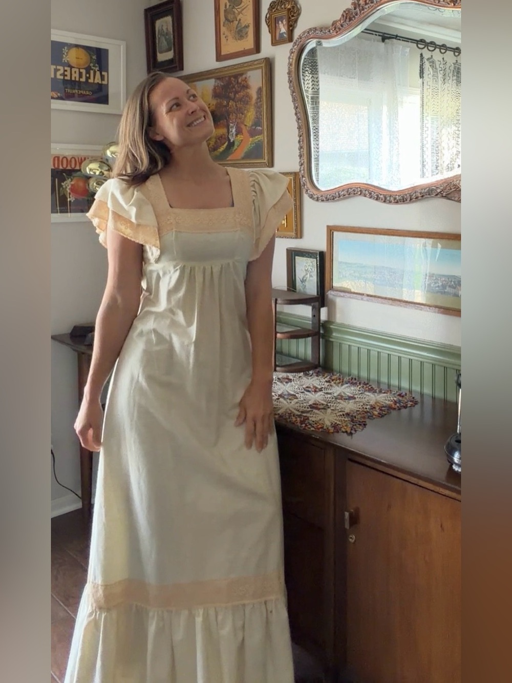 Vintage 70's Oops California Gauze Beige with Lace Peasant Maxi Dress 7/8 Small